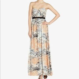 BCBG POWDER AMBER CASCADE STRAPLESS LONG GOWN